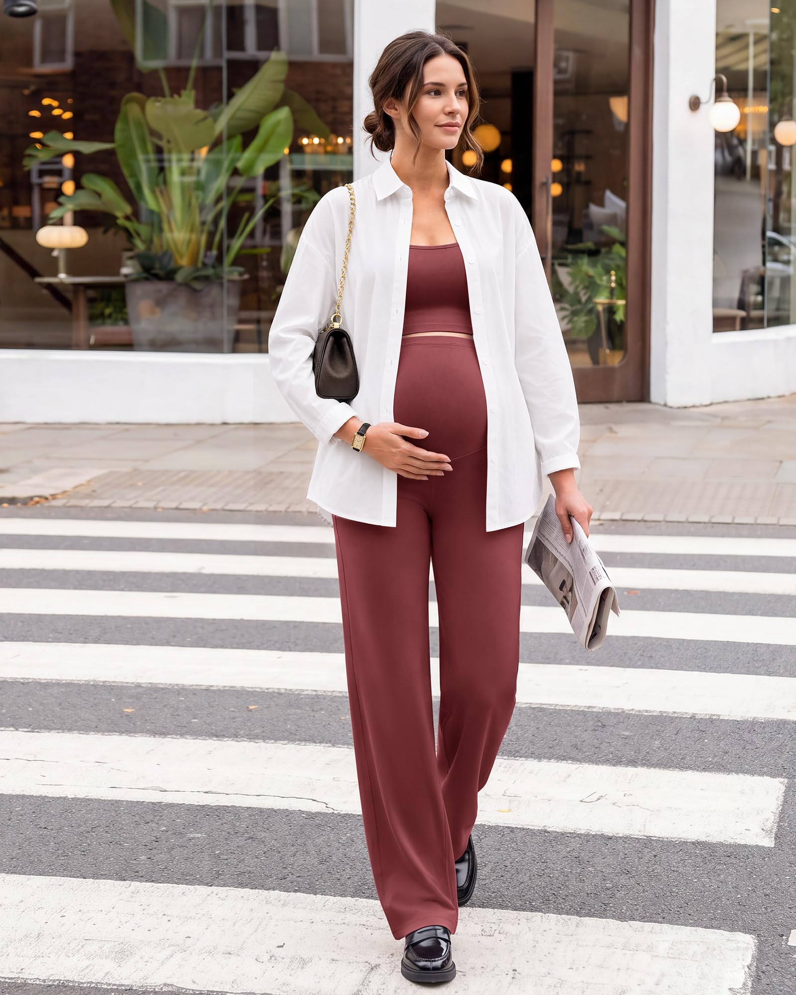 G4Free Maternity Lounge Pants Yoga Wide Leg,Dark Burgundy,XXL,Petite