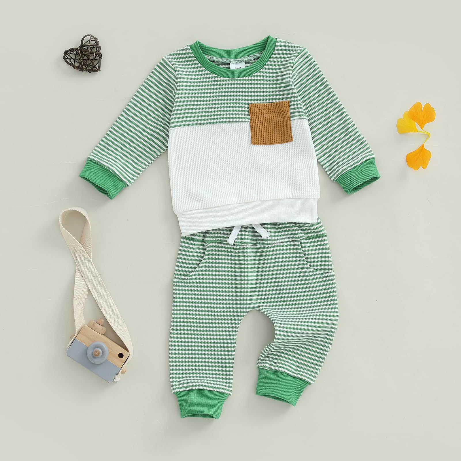 Fufuriprefer Toddler Baby Boy Fall Clothes Waffle outfit Long Sleeve Top Jogger Pant Set (Green, 6-12 Months)