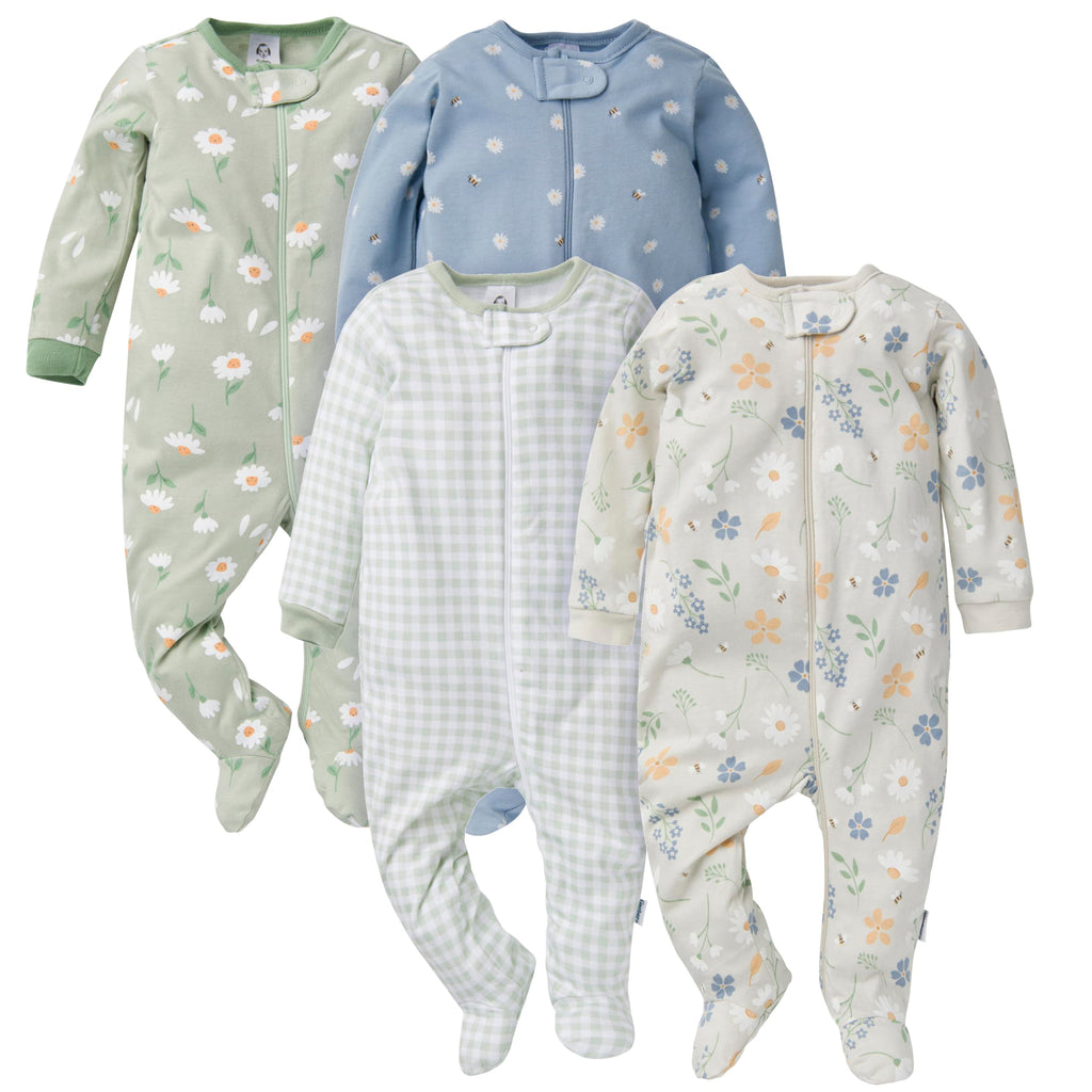 Gerber Baby Girls' 4-Pack Sleep 'N Play Footie, Daisy, 0-3 Months