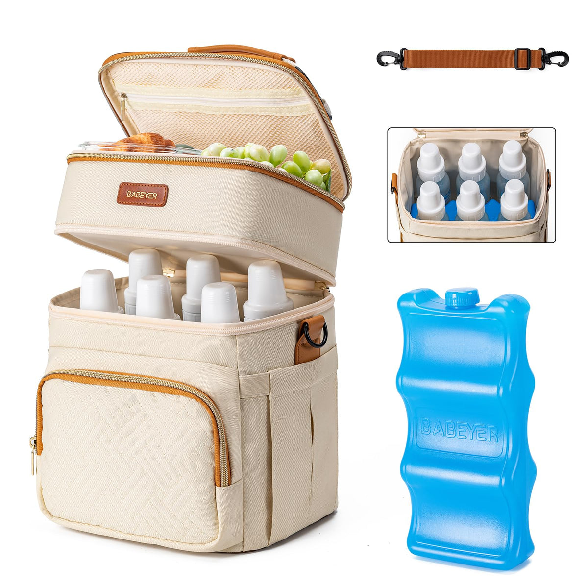 BABEYER Insulated Breastmilk Cooler Bag with Ice Pack - Holds 6x9oz Bottles, Leakproof Double Layer, Baby Bottle Cooler Bag with Adjustable Strap for Nursing Moms, Daycare & Travel