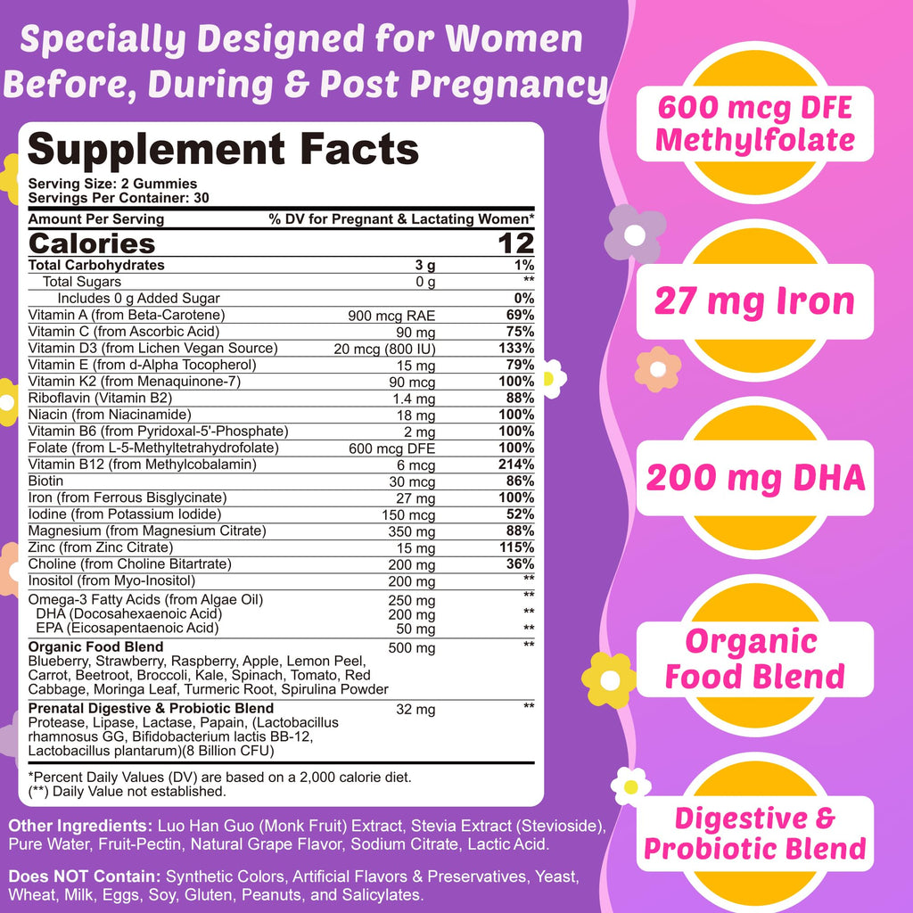 Prenatal Vitamins for Women Gummies + Methylfolate, DHA & Iron, Vegan,120Ct