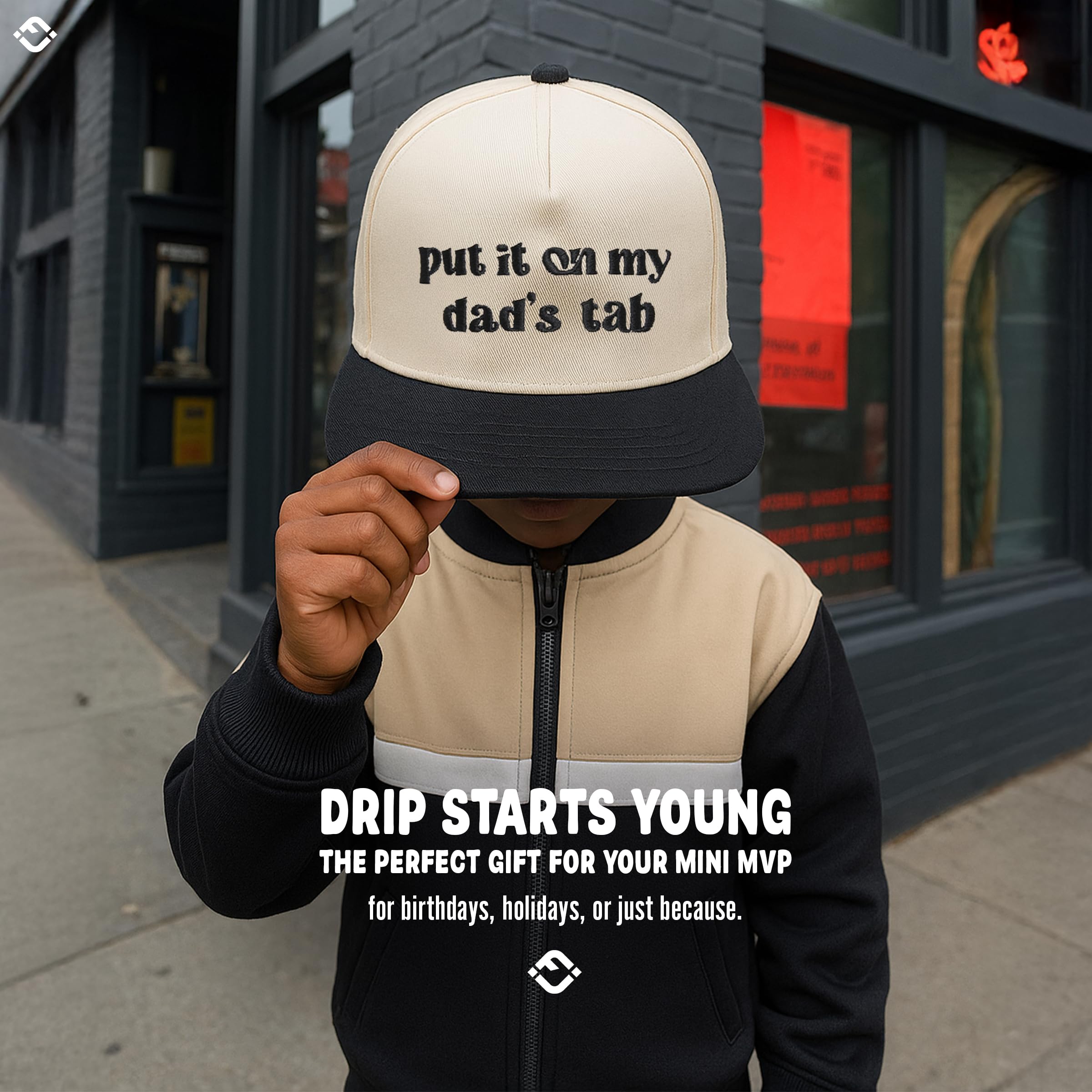 Kids 2 Tone Trucker Snapback Hat - Put It on My Dad's Tab - Black/Beige