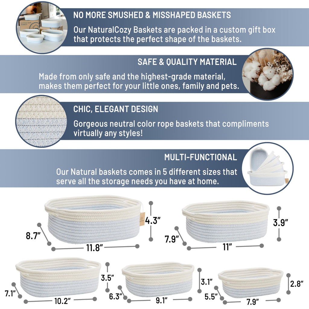 NaturalCozy 5-Piece Rectangle Storage Basket Set- Natural Cotton Rope Woven Baskets for Organizing! Small Basket for Montessori, Baby Nursery, Dog Toy Baskets, Cat Toy Box, Bathroom Organization Bin