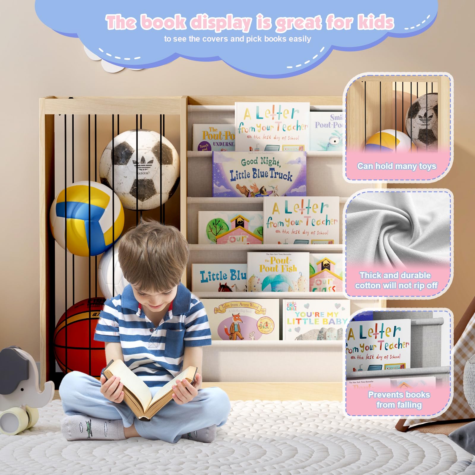 HedoAjim Natural Wood Kids Bookshelf & Stuffed Animal Net Holder Plush Toy Storage Organizer Child Bookcase Toddler Baby Sling Book Rack for Playroom Bedroom Nursery Infant Boys Girls Preschool