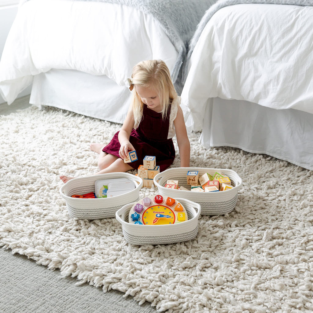 NaturalCozy 5-Piece Rectangle Storage Basket Set- Natural Cotton Rope Woven Baskets for Organizing! Small Basket for Montessori, Baby Nursery, Dog Toy Baskets, Cat Toy Box, Bathroom Organization Bin