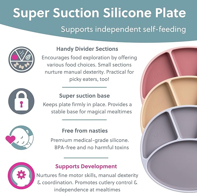 BIBaDO - Silicone Suction Divider Plate (Mist) - Toddler Plates - Help Develop Motor Skills - Durable, Dishwasher & Microwave Safe, BPA Free - Medical Grade - Baby Essentials - 6 Months to 3 Years