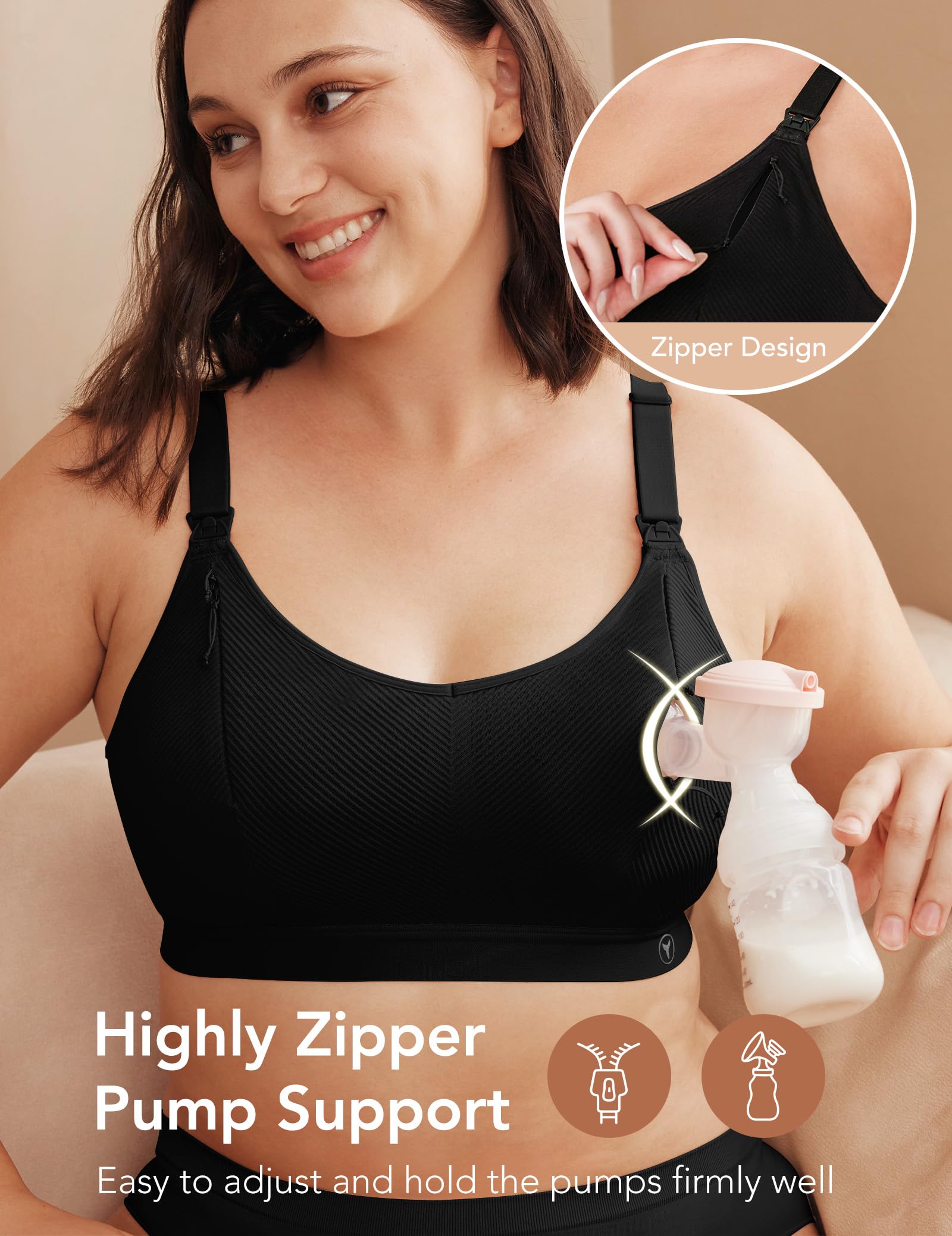 Pumping Bra Hands Free Zip Opening Design Seamless Nursing Bras for Breastfeeding High Support Nursing & Pumping Bra in One Black XL