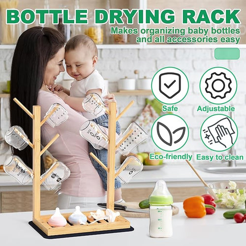 Alytree Baby Bottle Drying Rack, Vertical Bamboo Bottle Dryer Holder with Water Absorbent Pad, Space Saving Baby Bottle Organizer for Baby Bottles, Pump Part & Accessories(Natural, 12 Bottles)