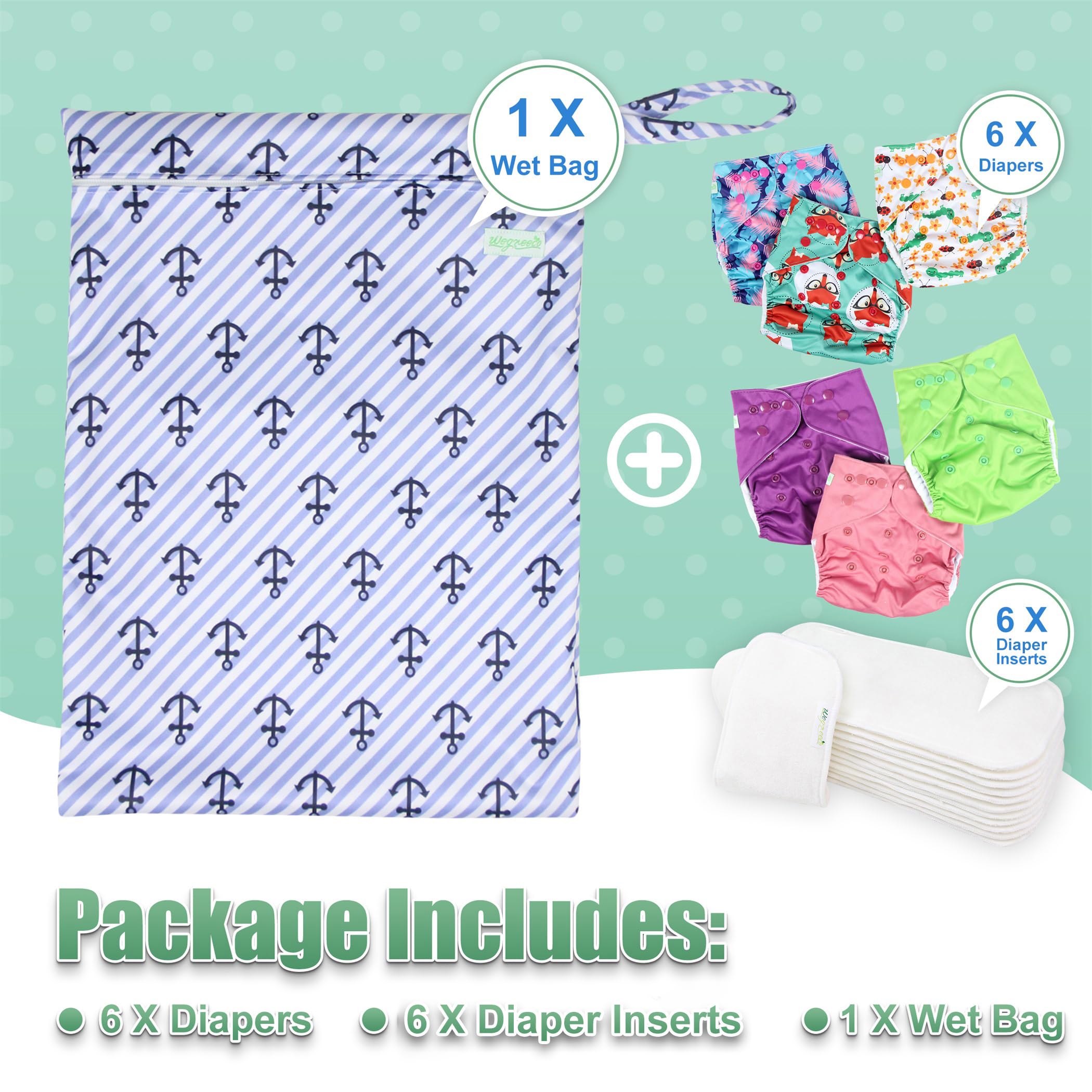 wegreeco Cloth Diapers 6 Pack with 6 Inserts & 1 Wet Bag, Washable Cloth Diapers for Babies, One Size Adjustable Reusable (Girl Prints + 1 Wet Bag)