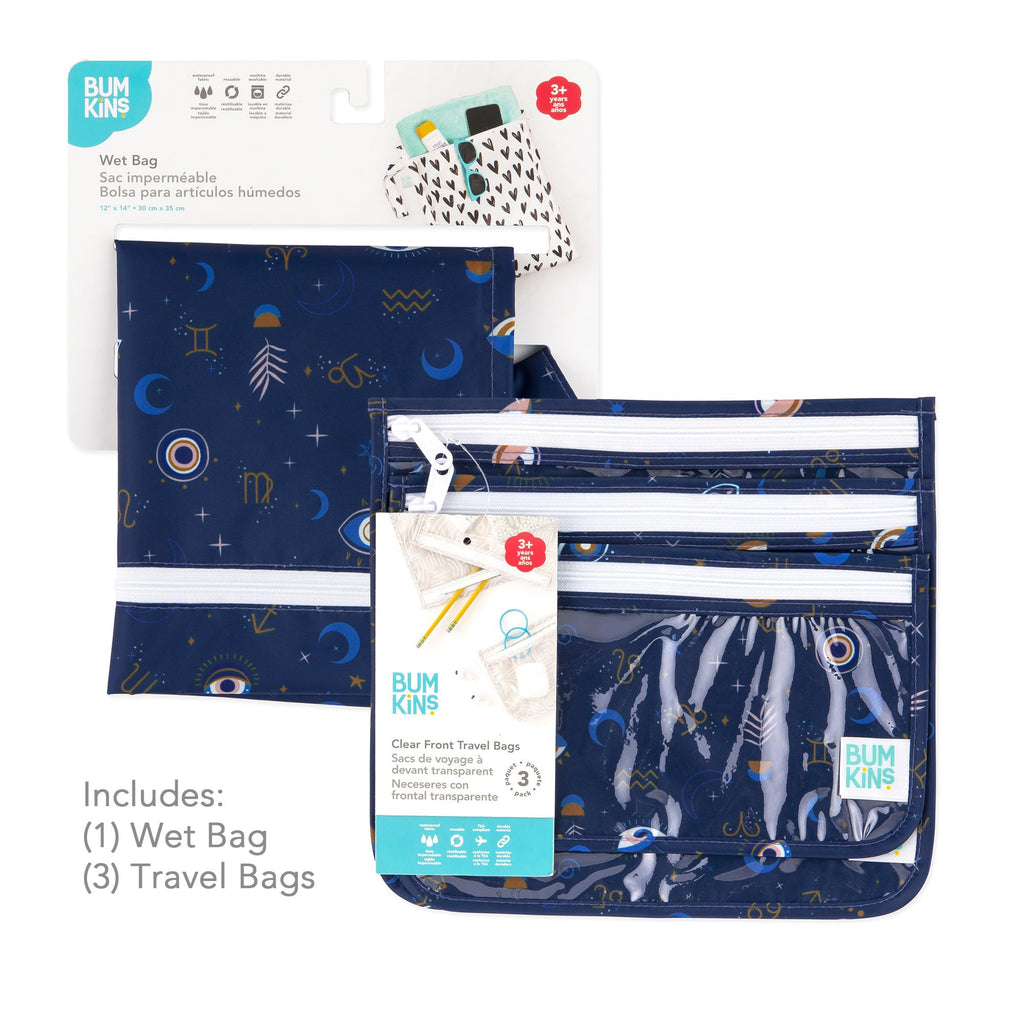 Bumkins - Waterproof Wet Bag & Clear Travel Bags - For Beach, Baby, Travel, Swim Suit, Cloth Diapers, Pump Parts, Pool, Gym, Toiletries - Reusable & Easy to Clean - Evil Eye - 4 Pack
