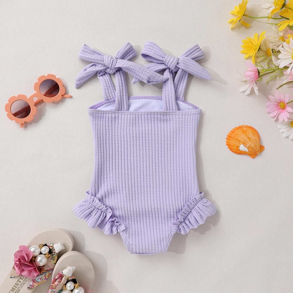 Toddler Swimsuit Girl Solid Color Stripe One-Piece Baby Bathing Suits (Purple, 5-6 Years)