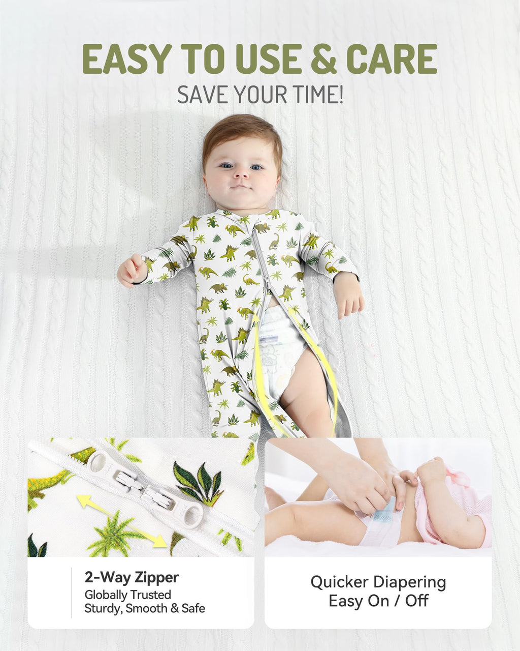HAPIU Rayon from Bamboo Baby Footed Pajamas, 2 Way Premium Zipper, Footie for Baby Boy Girls, Newborn-24 Months, 2-Pack, Dinosaur boy & Dark Forest Green, Newborn