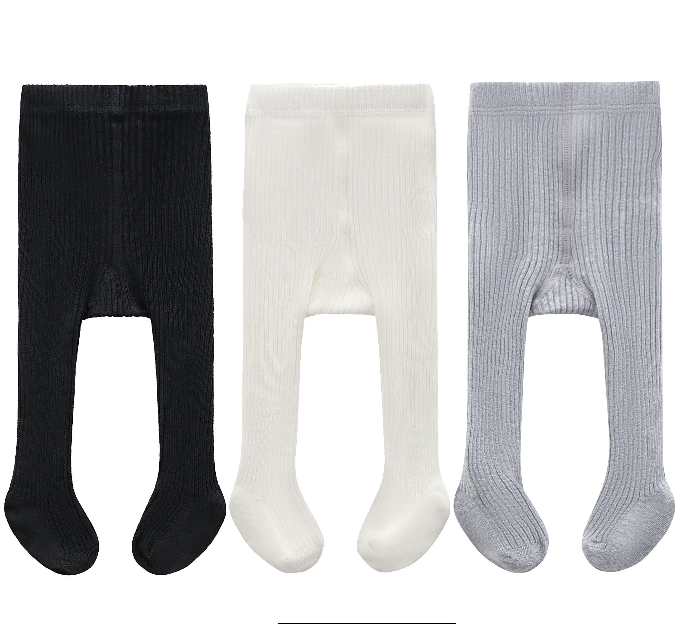 CECORC Baby Tights – Thick Toddlers Girl Leggings–Seamless Cable Knit Cotton Stockings – Infants Pantyhose 3 Pack, 12-24 Months, White+Black+Grey