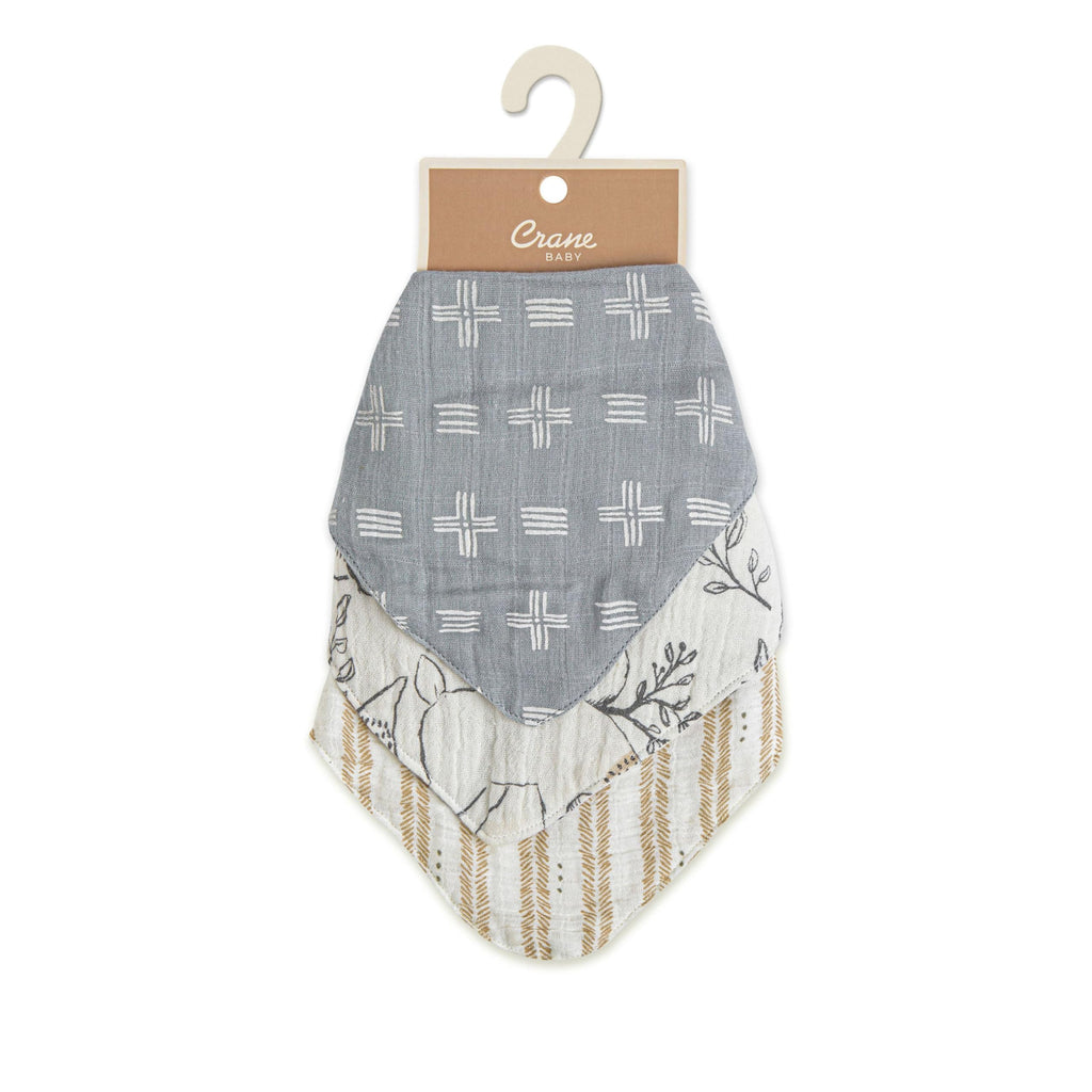 Crane Baby Soft Muslin Baby Bib Set, Adjustable and Absorbent Bandana Style Bibs for Boys and Girls, Woodland Animal, 3 Piece, 18.5” x 9”