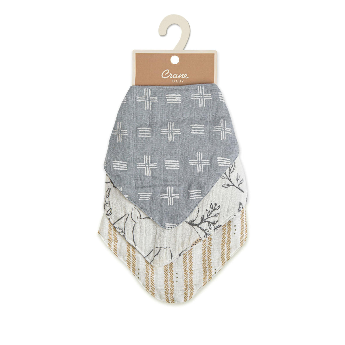 Crane Baby Soft Muslin Baby Bib Set, Adjustable and Absorbent Bandana Style Bibs for Boys and Girls, Woodland Animal, 3 Piece, 18.5” x 9”