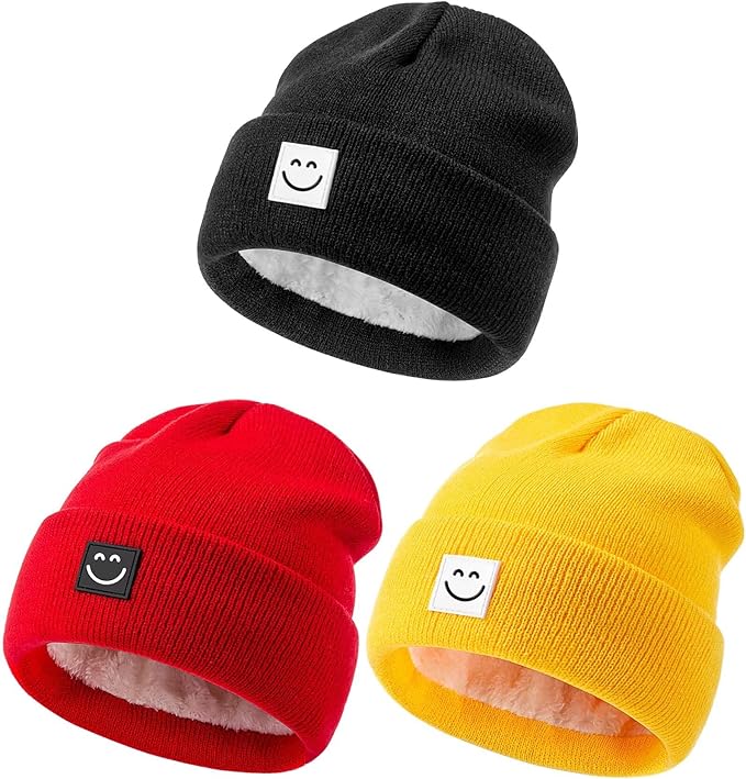 Baby Beanie Hat 3 Packs with Cute Smiley Face, Toddler Girls Boys Baby Hats Winter, Kids Winter Hat Cold Weather