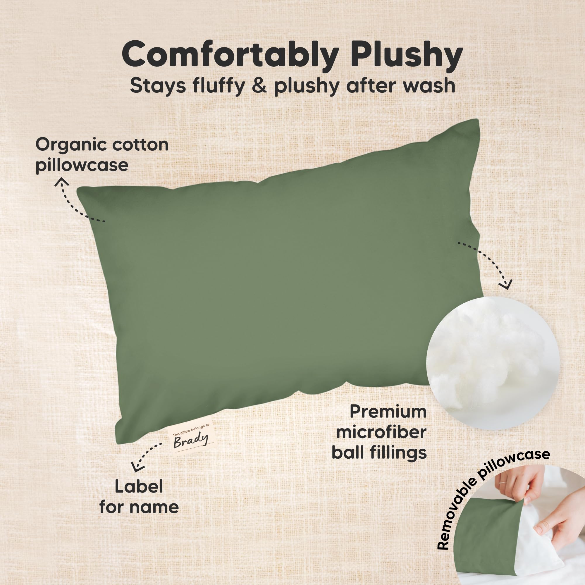 Mini Toddler Pillow with Pillowcase, 9x13 My Dreamy Pillow (Jungle Green)