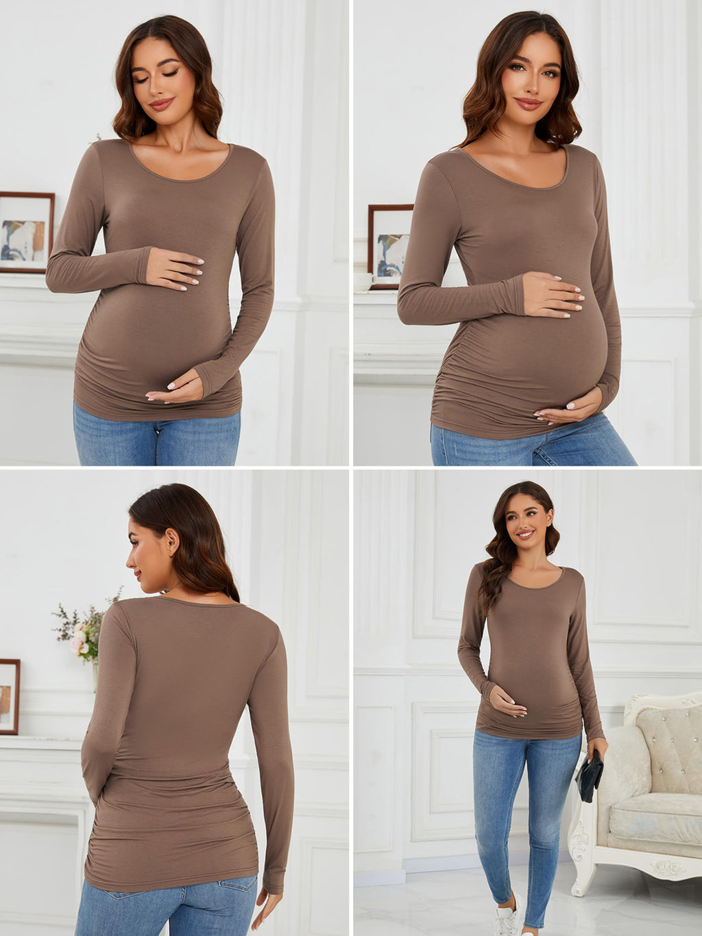 Ecavus Women's 4-Pack Maternity Shirts Long Sleeve Soft Stretchy Pregnancy Tops Side Ruched Casual Mama Clothes