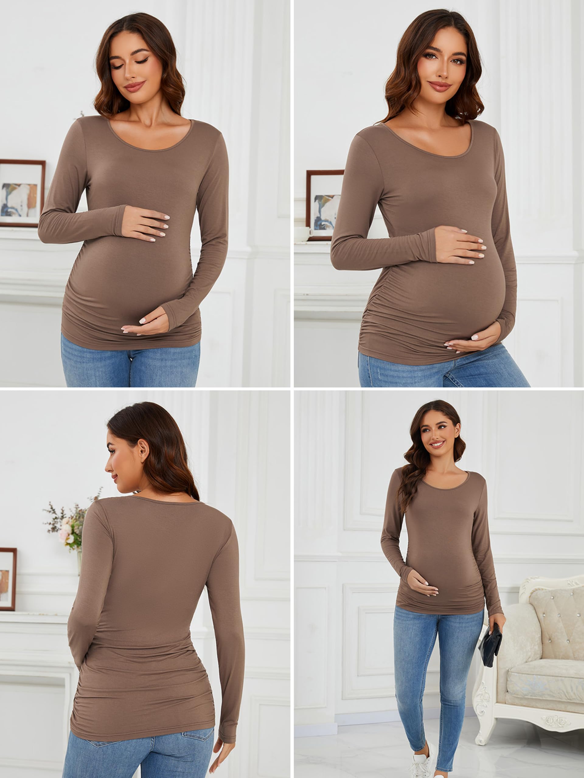 Ecavus Women's 4-Pack Maternity Shirts Long Sleeve Soft Stretchy Pregnancy Tops Side Ruched Casual Mama Clothes
