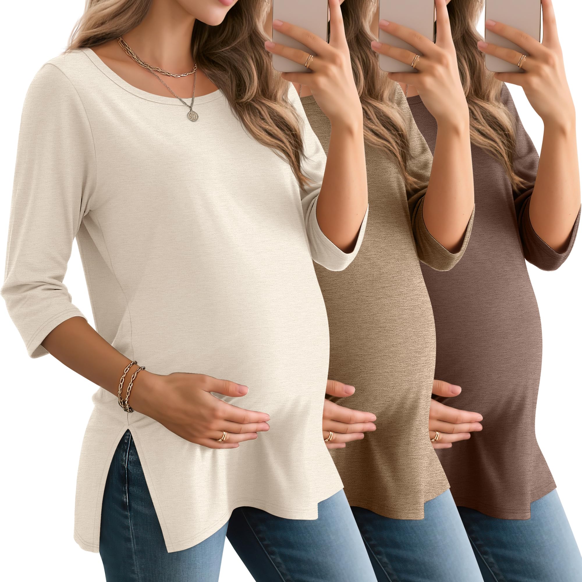 Baggyfly 3 Pack Women's Maternity Round Neck Tunics Tops, 3-Color, XX-Large