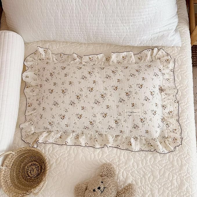 BuLuTu Cotton Muslin Pillow Case King Pillowcase Sweet Floral Design Pillowcases Enveloped Closure Vintage Ruffled Pillow Cover for Teens Adults, 20x36 inch, 1 Piece, Crapemyrtle