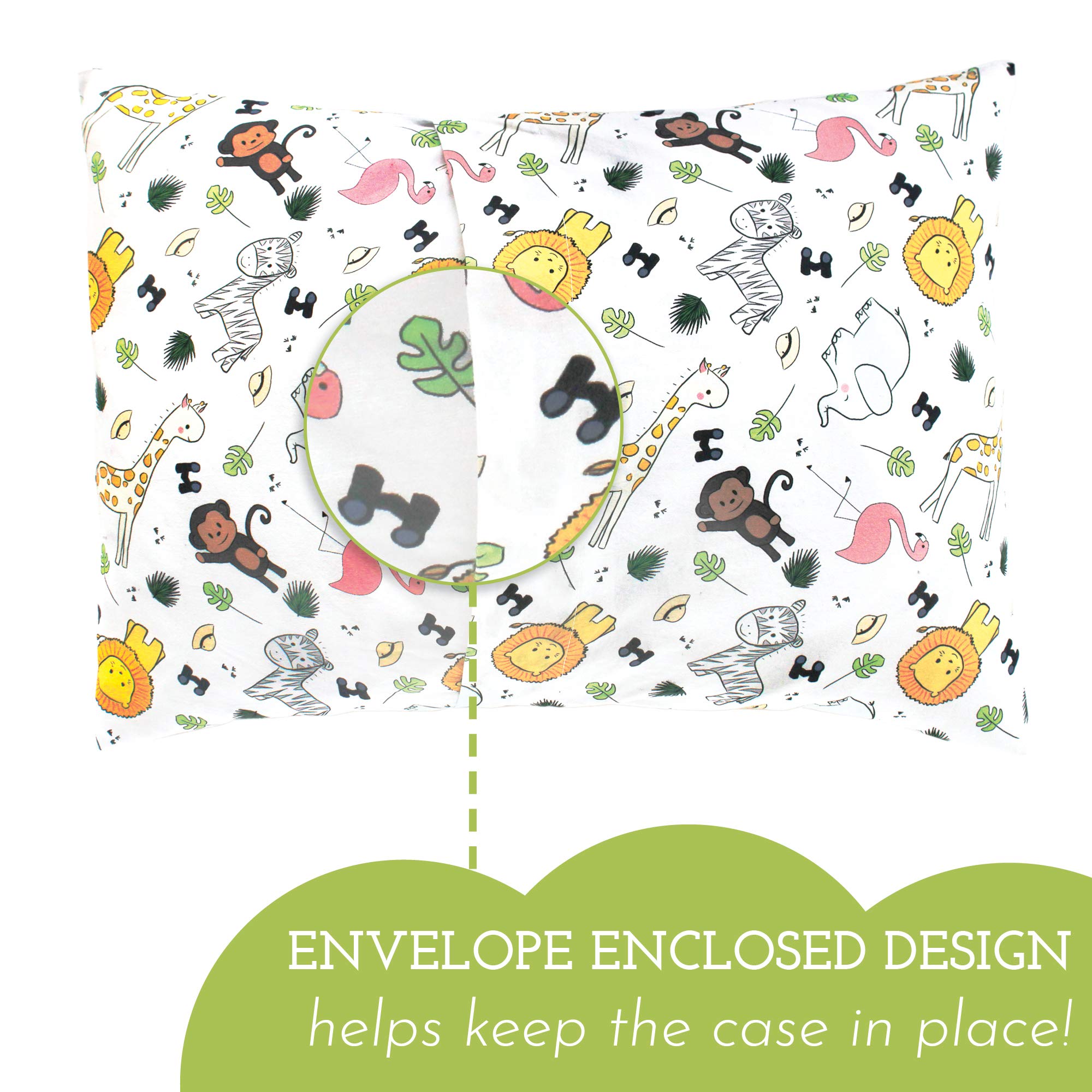 Toddler Bed Pillow with Cotton Pillow Case – 13x18 Kids Pillows for Sleeping, School, Travel & Daycare – Hypoallergenic Toddler Pillow 2 Year Old to 5 with Envelope Pillowcase (Safari)