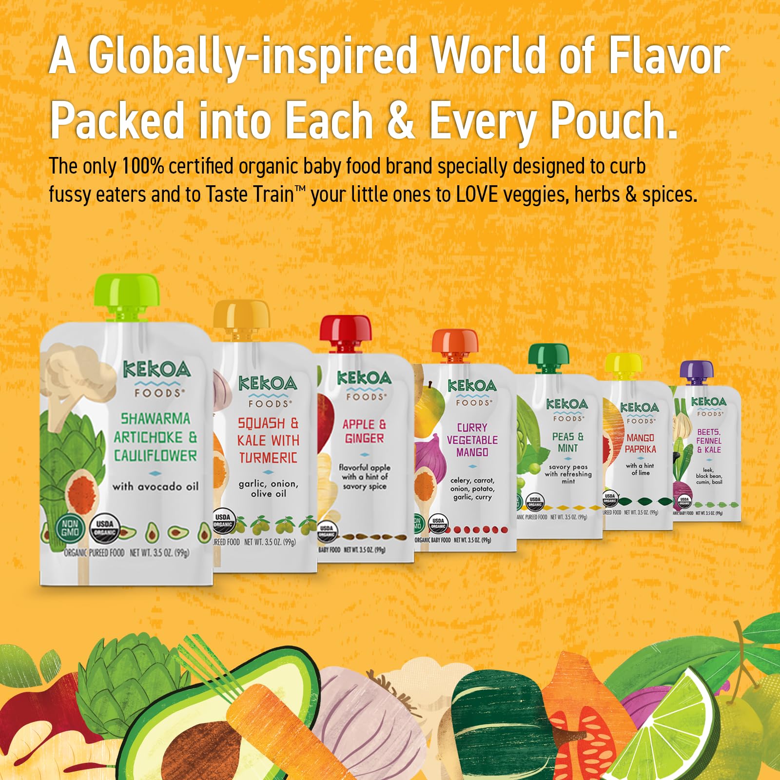 Kekoa Foods Shawarma, Artichoke & Cauliflower Baby Food Purée | 100% USDA Certified-Organic Vegetarian Squeeze Pouch | Organic, Non-GMO, Gluten-Free, Vegan | Nutritious First Food for Babies | 3.5 oz
