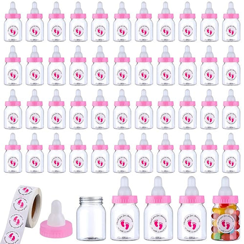 62 Pcs 3.5 Inch Baby Mini Milk Bottle Baby Shower Favor with 500 Adhesive Thank You for Showering Stickers, Small Plastic Candy Bottle DIY Gift for Boy Girl Newborn Baptism Party Decor (Blue)
