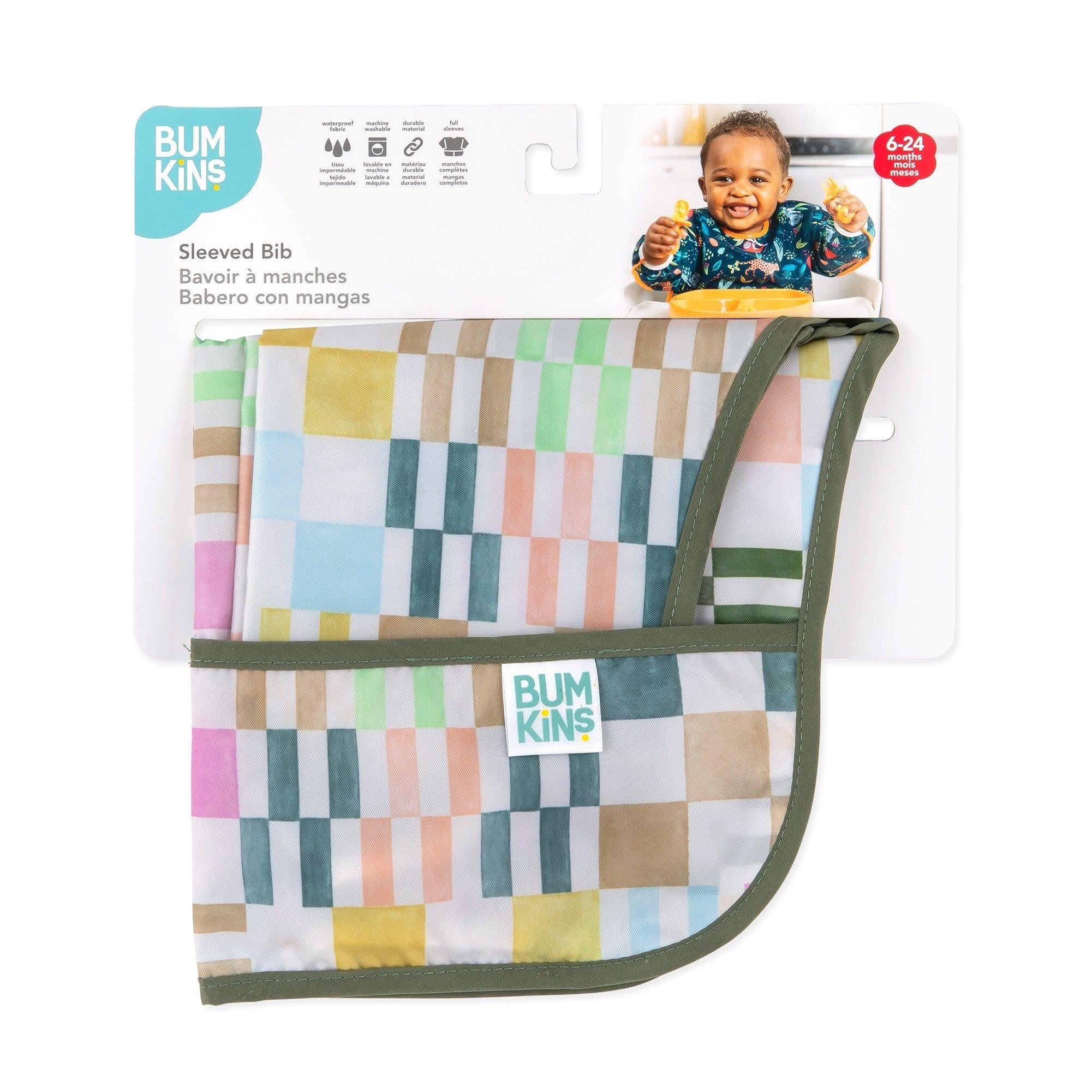 Bumkins Sleeved Bib for Girl or Boy, Baby and Toddler for 6-24 Mos, Essential Must Have for Eating, Feeding, Baby Led Weaning Supplies, Long Sleeve Mess Saving Food Catcher, Soft Fabric, Multi Check