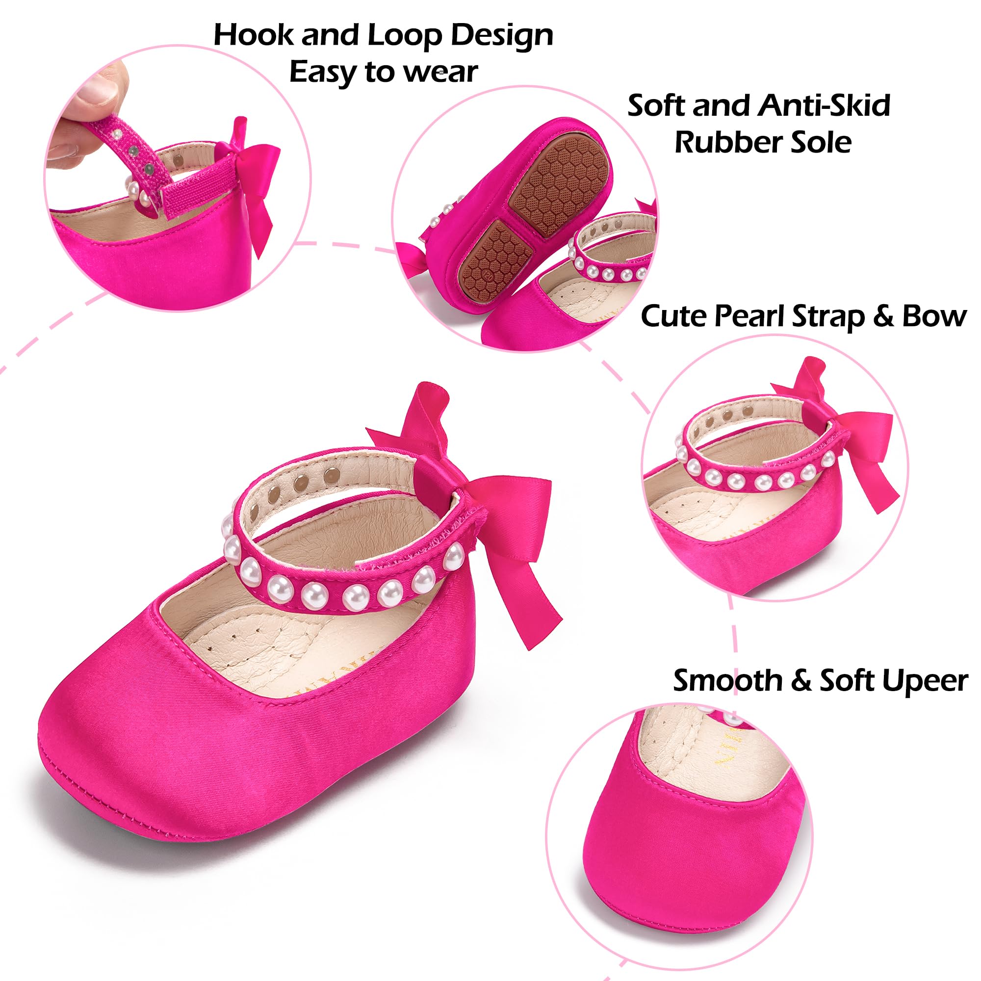 PHIRAMIN Baby Girls Rose Pink Mary Jane Flats - Infant 12-18 Months Walking Shoes Soft Rubber Sole Princess Wedding