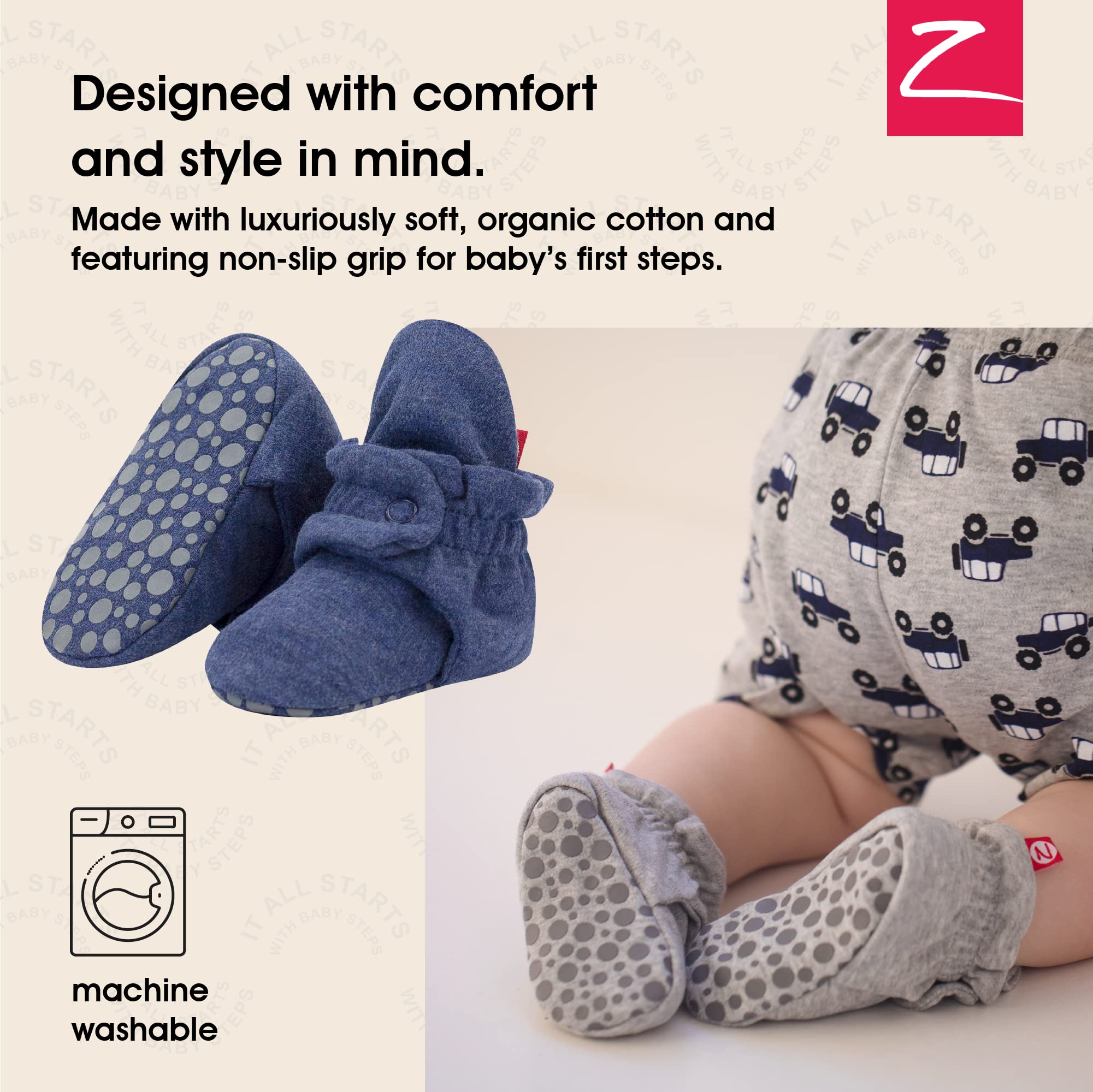 Zutano Unisex Organic Cotton Baby Booties With Gripper Soles, Heather Navy, 12M
