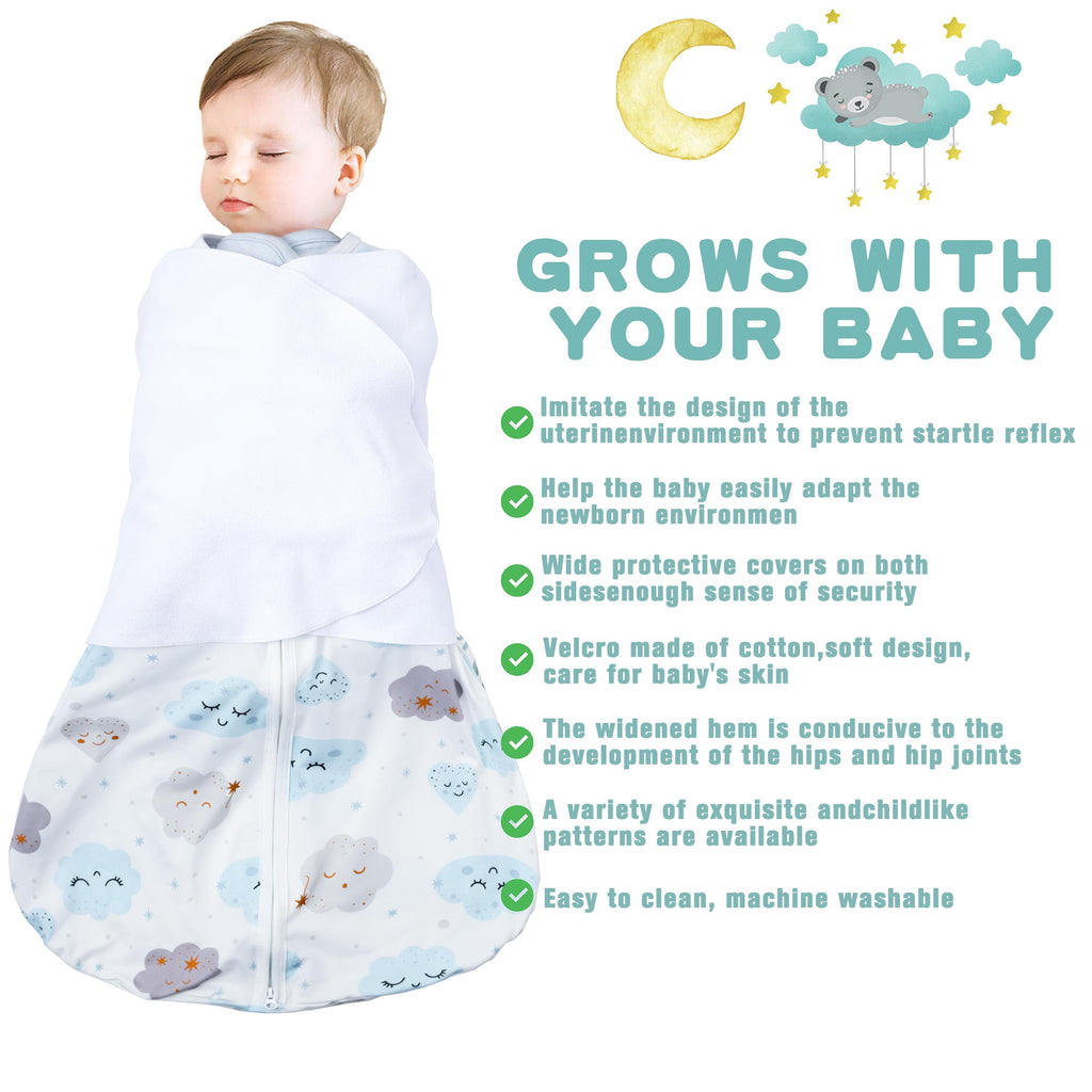 BSTOPPT Newborn Sleep Sack Baby Swaddle,0-3 Months,3-Way Adjustable Wearable Blanket,100% Rayon Cotton Swaddling sleeping bag，TOG 0.5（Clouds&Starry Sky）