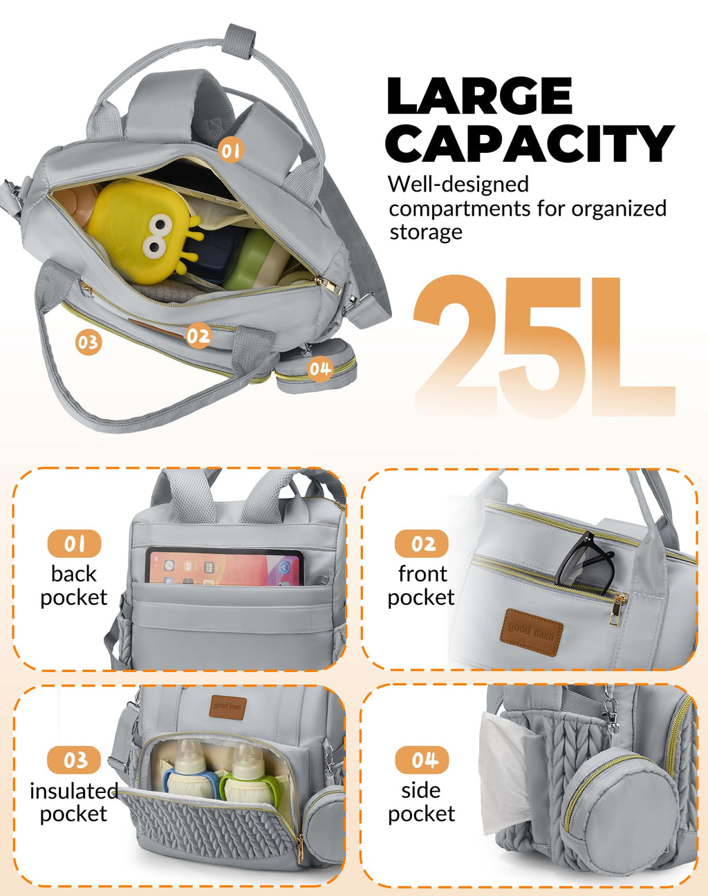 Backpack Diaper Bag,Stylish Waterproof Baby Diaper Bags with Changing Pad,Insulated Pockets,Multi-Function Travel Diaper Backpacks,Newborn Essentials, Grey