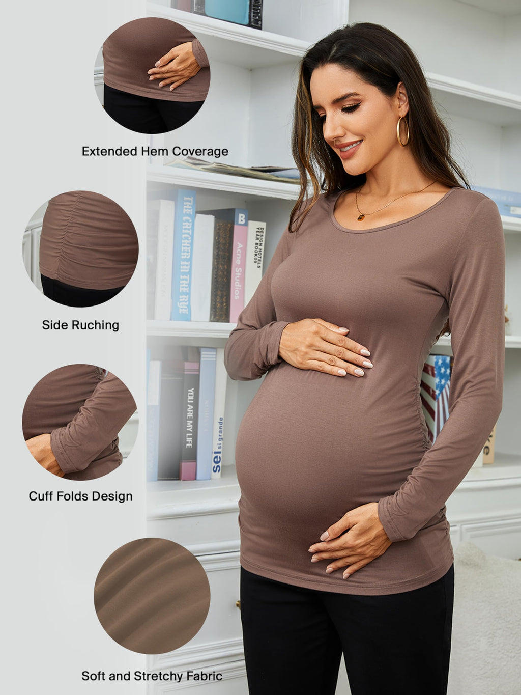 Ecavus Women's 3-Pack Maternity Shirts Long Sleeve Soft Stretchy Pregnancy Tops Side Ruched Casual Mama Clothes