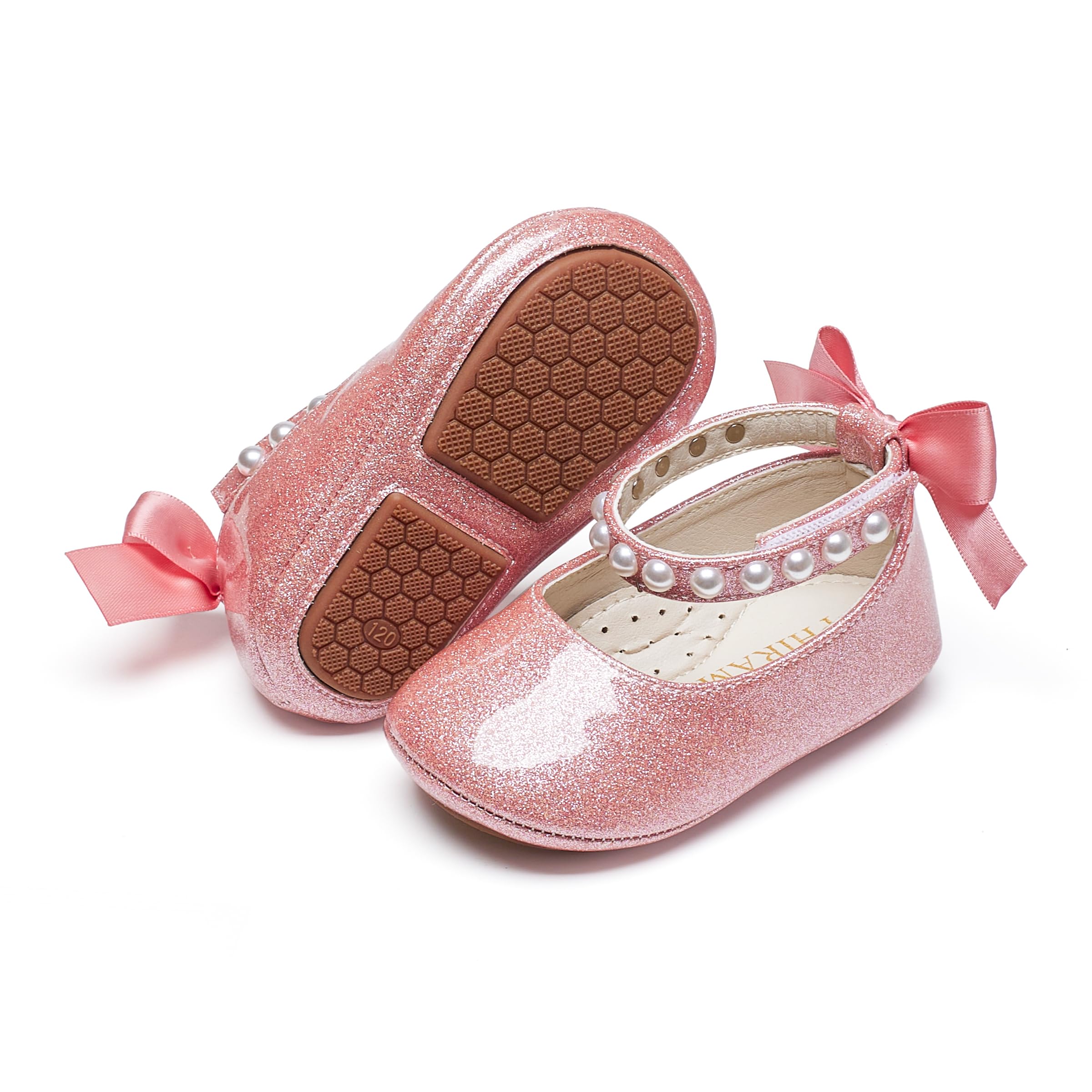 PHIRAMIN Baby Girls Glitter Pink Mary Jane Flats - Infant 18-24 Months Walking Shoes Soft Rubber Sole Princess Wedding