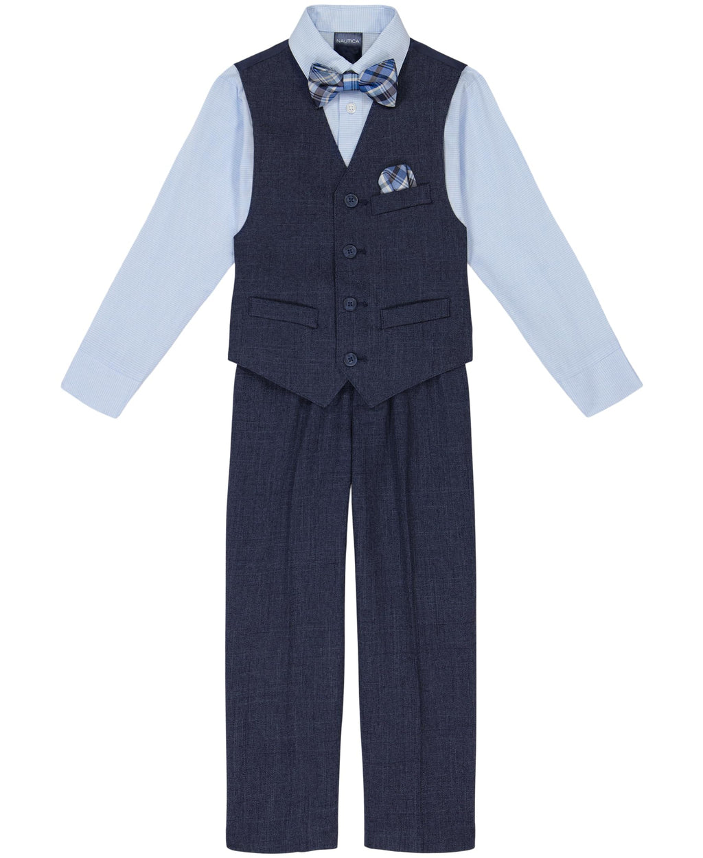 Nautica 4-Piece Formal Suit Set, Vest, Pants, Collared Dress Shirt, and Tie, Tanzanite Blue, 2T