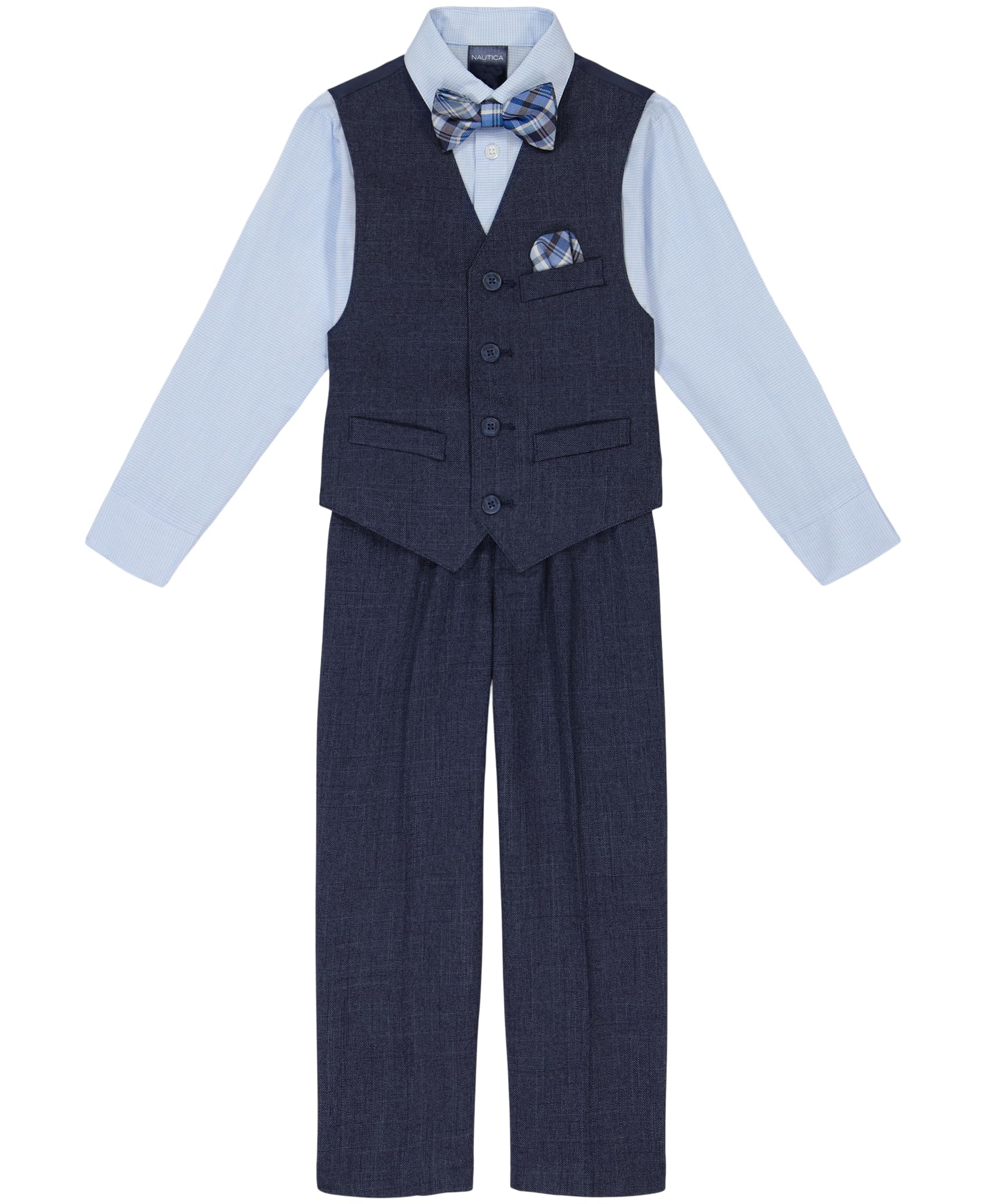 Nautica 4-Piece Formal Suit Set, Vest, Pants, Collared Dress Shirt, and Tie, Tanzanite Blue, 2T