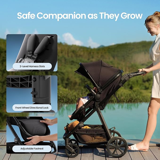 Mompush Meteor2 Baby Stroller 2-in-1 with Newborn Mode, Compatible with Infant Car Seat Adapter Included, Full-Size Bassinet Strollers for Family Outings
