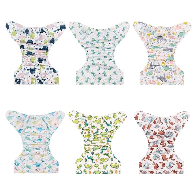 Babygoal Reusable Neutral Cloth Diapers 6 Pack with 10pcs Inserts, One Size Adjustable Washable Pocket Nappy Covers for Baby Boys and Girls 6FB02