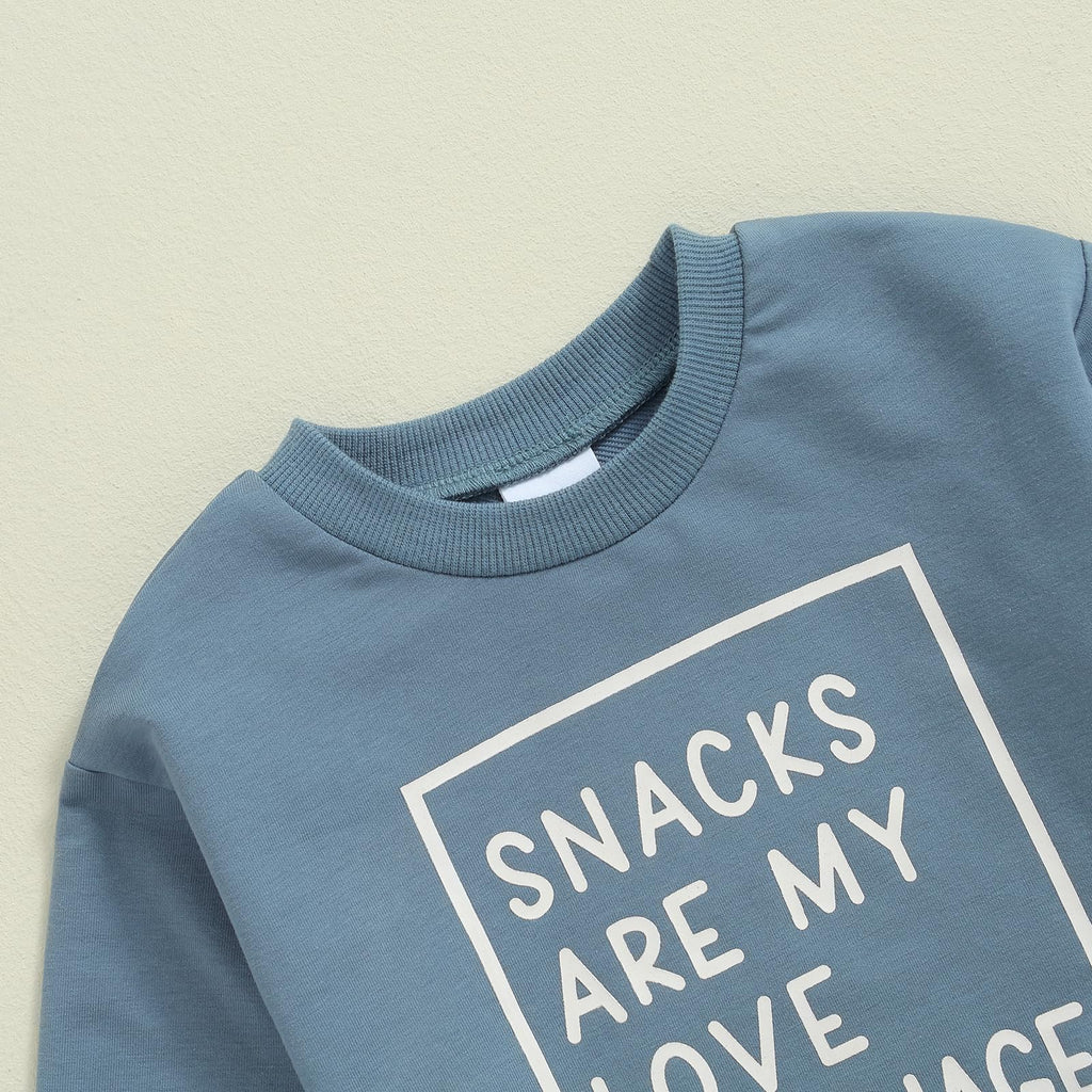 Sejardin Toddler Baby Boy Fall Winter Outfit Long Sleeve Letter Print Sweatshirts and Jogger Pants Infant Boy Clothes (Snacks Blue, 18-24 Months)