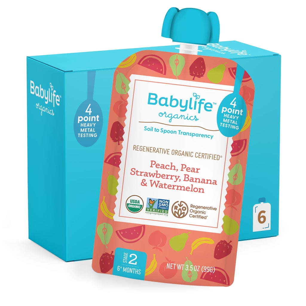 Babylife Organics Stage 2 - Peach, Pear, Strawberry, Banana & Watermelon, 3.5 Ounce Pouch (6 Pack) - Heavy Metal Safe, Organic Baby Food