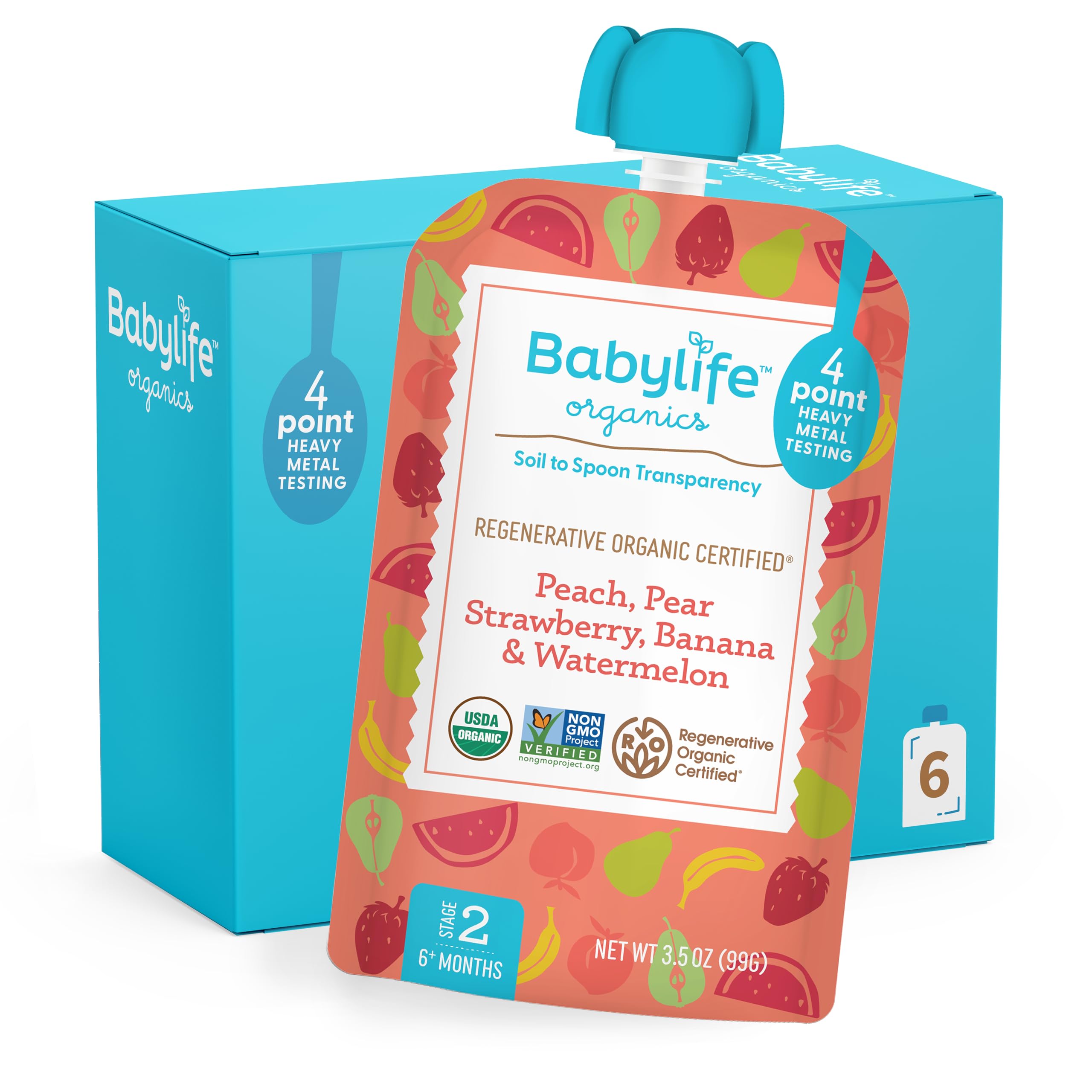 Babylife Organics Stage 2 - Peach, Pear, Strawberry, Banana & Watermelon, 3.5 Ounce Pouch (6 Pack) - Heavy Metal Safe, Organic Baby Food