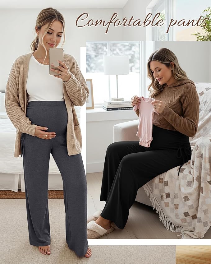 Neer 3 Pack Women's Maternity Pants Over The Belly Loose Pregnancy Pants Stretchy Lounge Wide Leg Trousers with Pockets