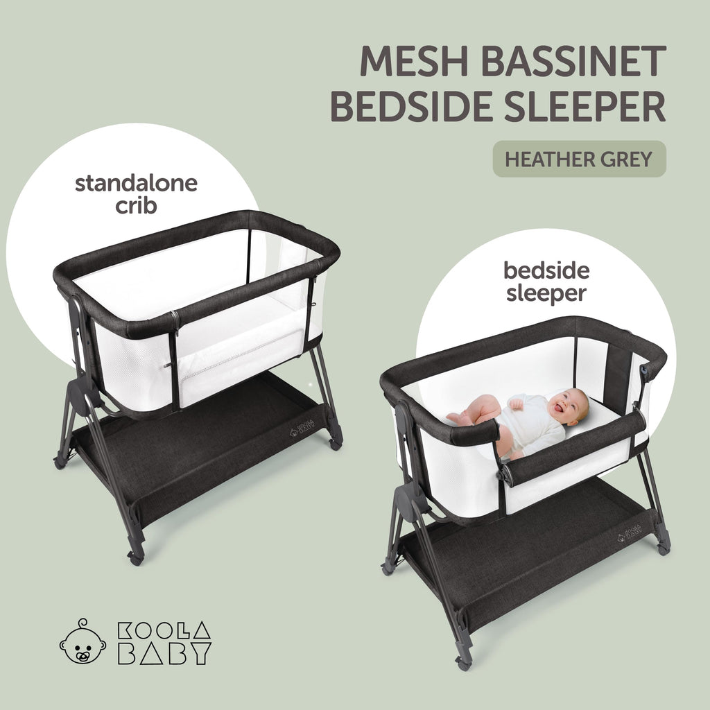 KOOLABABY Baby Bedside Sleeper - Bassinet & Bedside Crib with Height Adjustment & Wheels - Can Be Placed Next to Bed - Attaches to Parents Bed - Easy to Fold & Carry Bassinet (Grey)