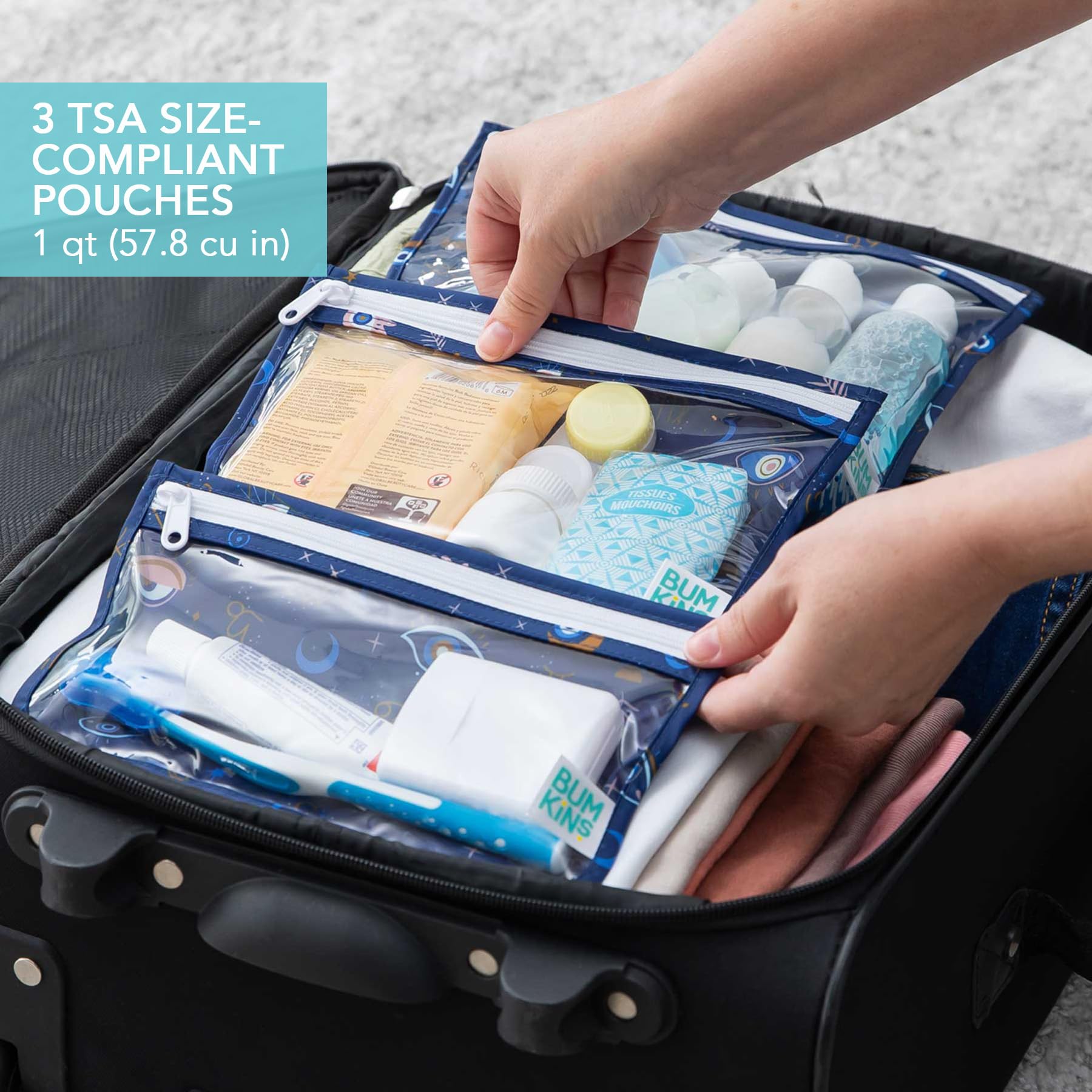 Bumkins - Waterproof Wet Bag & Clear Travel Bags - For Beach, Baby, Travel, Swim Suit, Cloth Diapers, Pump Parts, Pool, Gym, Toiletries - Reusable & Easy to Clean - Evil Eye - 4 Pack