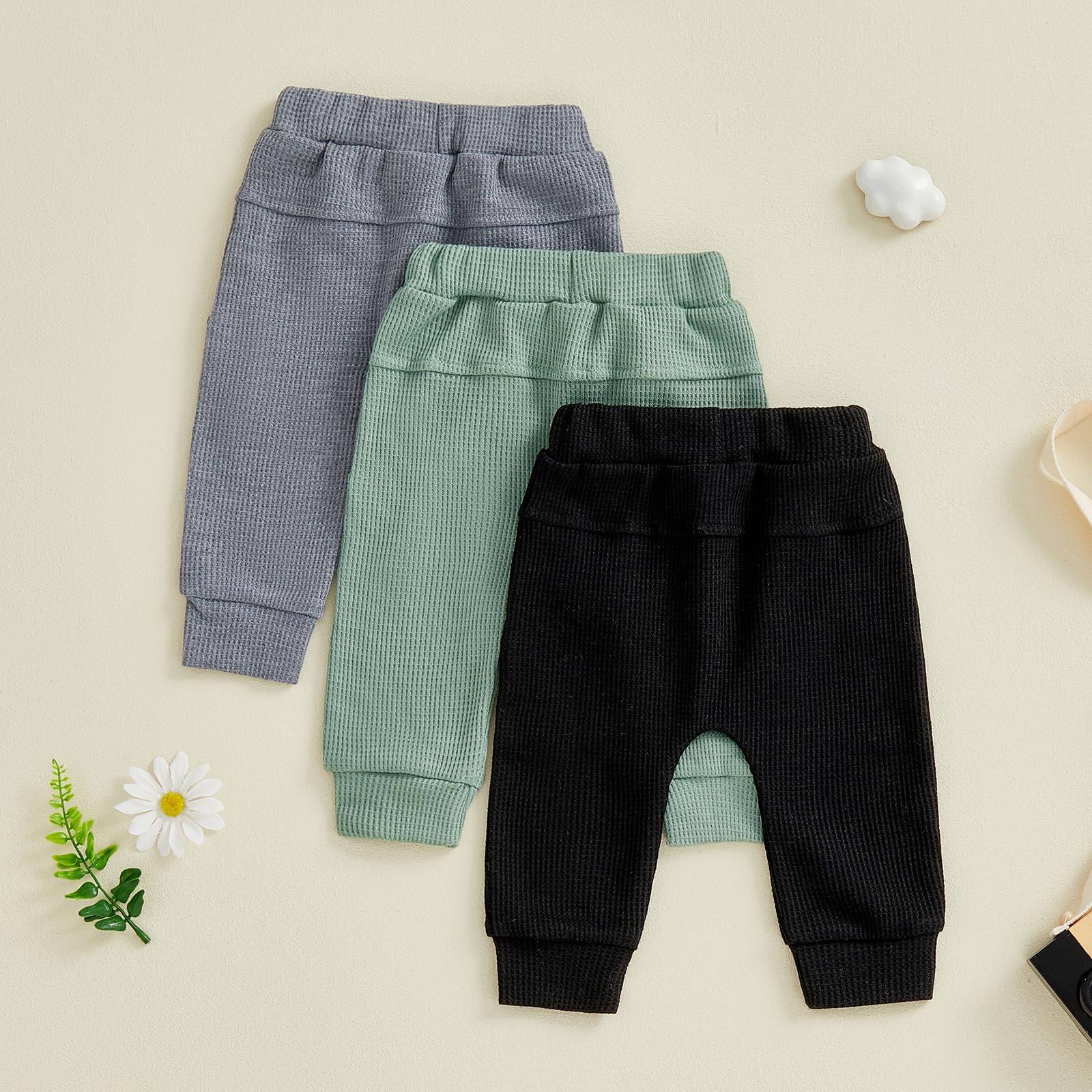 Sejardin Toddler Baby Boy Girl Pants 3 Pack Solid Color Elastic Waist Jogger Sweatpants Newborn Infant Casual Bottoms (Waffle Grey Green Black, 12-18 Months)