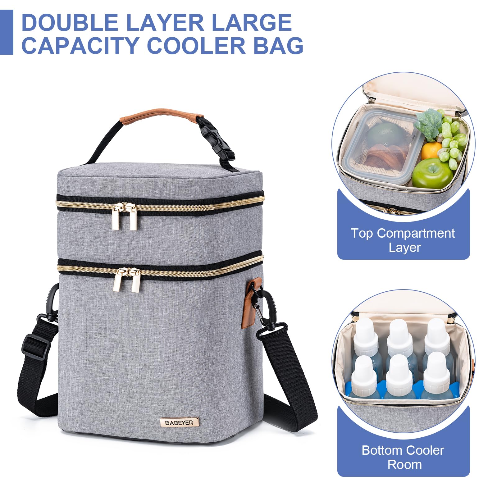 BABEYER Breastmilk Cooler Bag with Ice Pack Fits 6 Baby Bottles Up to 9 Ounce, Double Deck Leak-Proof Baby Bottles Bag with Shoulder Strap for Nursing & Working Mom, Grey