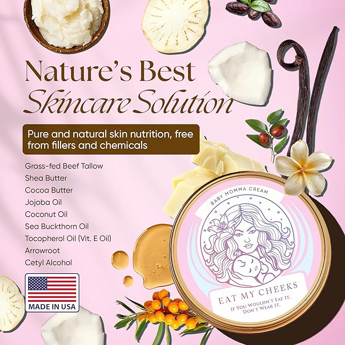 Eat My Face Grass Fed Tallow Cream for Babies & Moms, Organic Beef Tallow for Skin Helps with Diaper Rash, Cradle Cap, Stretch Marks & Eczema, 4.0 oz
