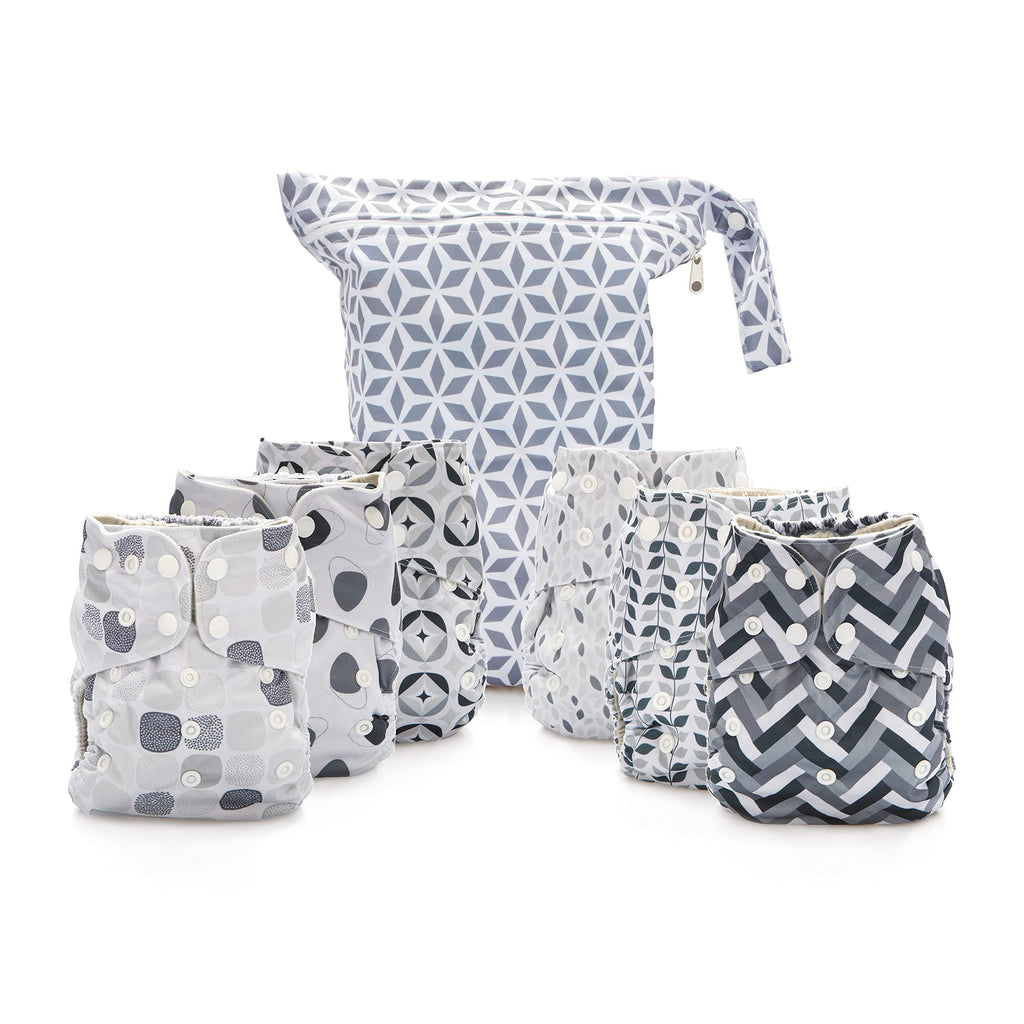 Simple Being Reusable Cloth Diapers, Double Gusset, One Size Adjustable, Washable Soft Absorbent, Waterproof Cover, Eco-Friendly Unisex Baby Girl Boy, six 4-Layers Microfiber Inserts (Christmas)
