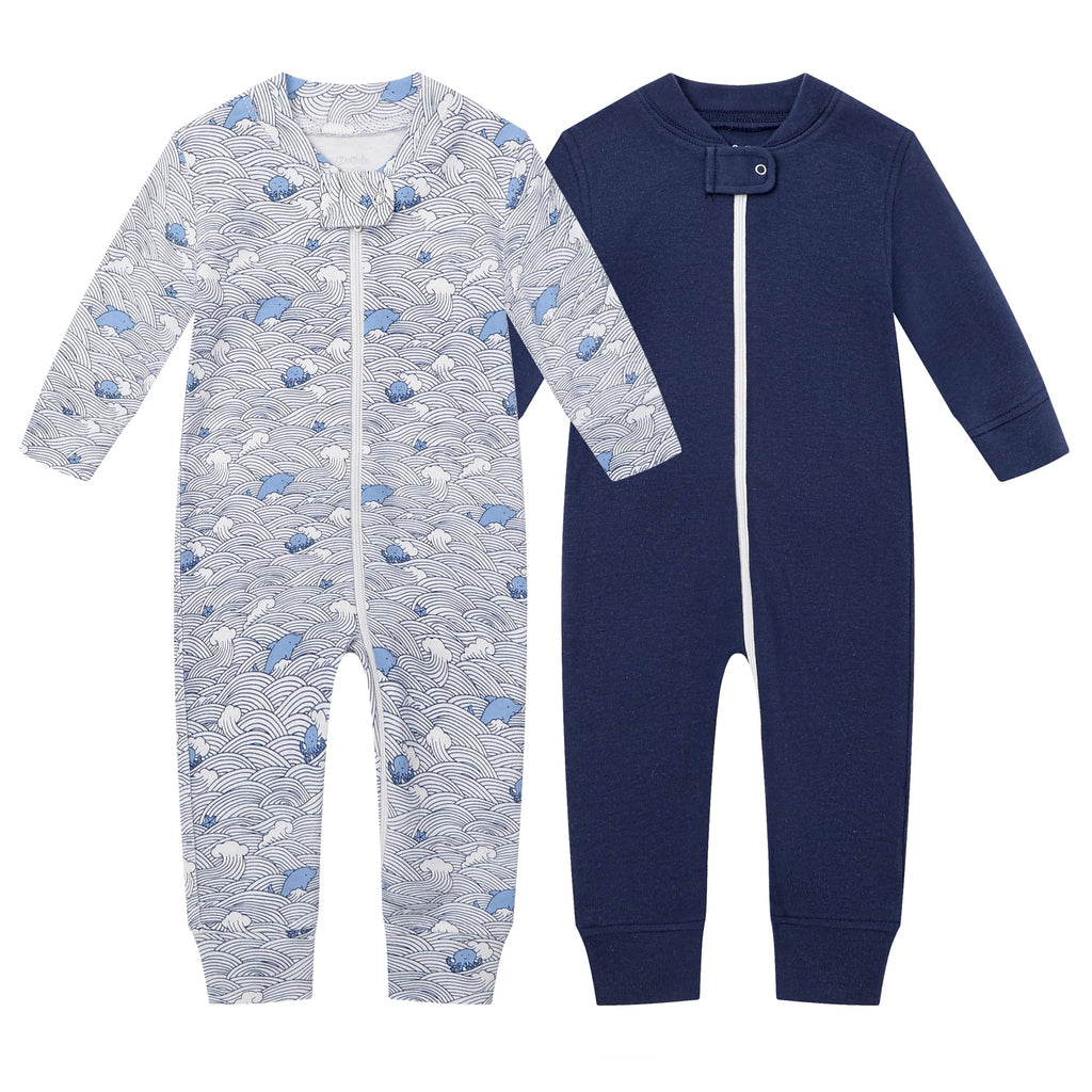 Owlivia Organic Cotton Baby Boy Girl Zip up Sleep N Play, Footless, Long Sleeve(0-3 Months, Wave & Navy)